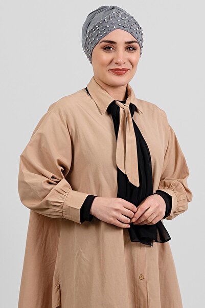 HÜRREM BONE حجاب رمادي عملي متداخل جاهز قماش ساندي مع احجار 1456_15