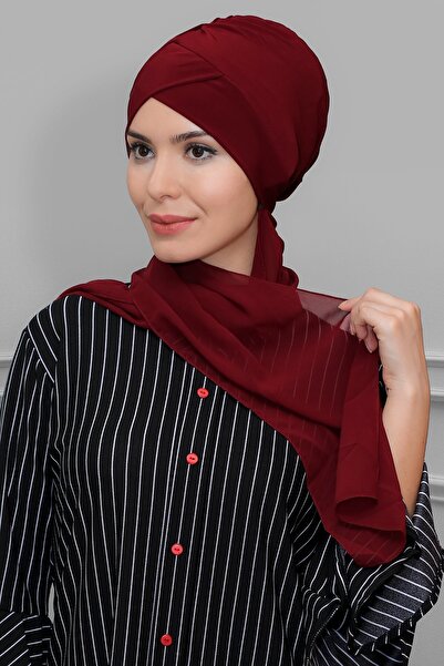 HÜRREM BONE Bordo Pratik Hazır Geçmeli Tesettür Bone Sandy Kumaş Çapraz Büzgülü Şifon Atkılı 1801A_16