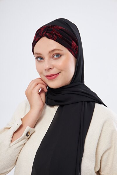 HÜRREM BONE Шарф з шифону з квітковим візерунком, бордовий з блискітками, зав'язується ззаду - 2318_16