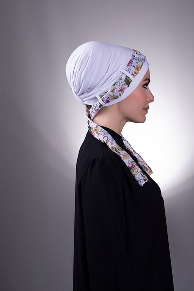 HÜRREM BONE White Practical Ready-made Interlocking Hijab Bonnet Sandy Fabric Patterned Chiffon Belt 1205d_42