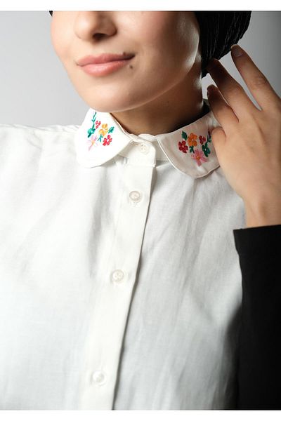 HÜRREM BONE Cream Shirt Collar Neck Collar Terikoton Embroidered Floral Pattern 1023_40