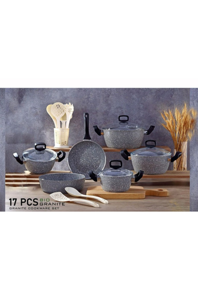 drobina Turkish granite cookware set consisting of 17 pieces grey glass