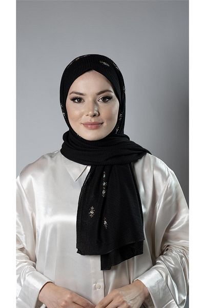 HÜRREM BONE Negru, practic, gata de fixare, șal hijab, țesătură tricotată, piatră, model floral 2118C_01
