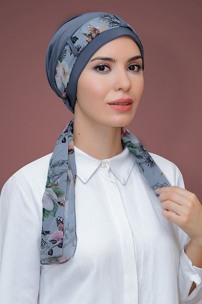 HÜRREM BONE Γκρι πρακτικό έτοιμο μαντήλι Hijab καπό με άμμο ύφασμα με σχέδιο σιφόν με ζώνη 1205d_15