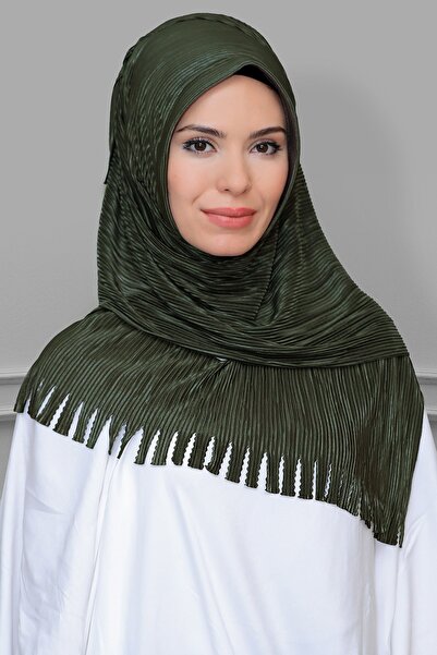 HÜRREM BONE وشاح حجاب متشابك عملي وجاهز كاكي فوكورو مطوي ومهدب مقطوع بالليزر ...