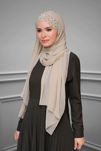 HÜRREM BONE Μπεζ Πρακτικό έτοιμο κουκούλα σάλι σιφόν αυτοκαπέλο με πέτρα χειροποίητο κεντημένο 1450_12