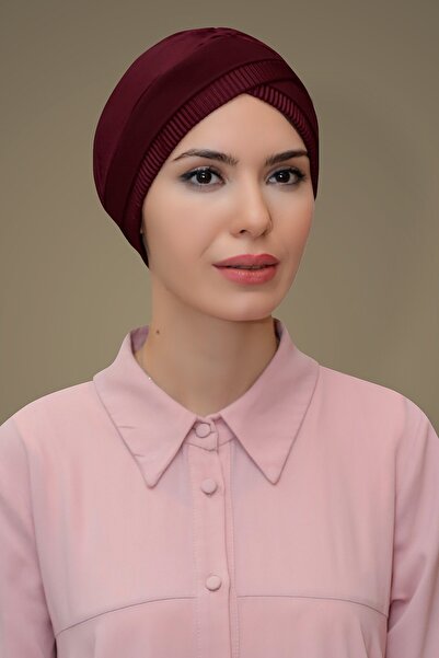 HÜRREM BONE Bordo Pratik Hazır Geçmeli Tesettür Bone Fukuro Piliseli Tek Bantlı Çapraz Büzgülü 1821_16