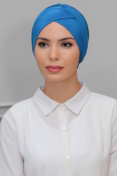 HÜRREM BONE Μπλε Πρακτικό έτοιμο κουμπωτό Hijab Bonnet Sandy Fabric Cross Gathered 1801_34