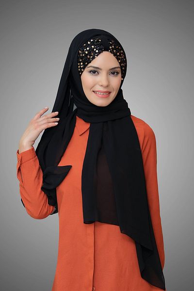 HÜRREM BONE Black-gold Back Tie Shawl Chiffon Sequined Pleated 1914_102