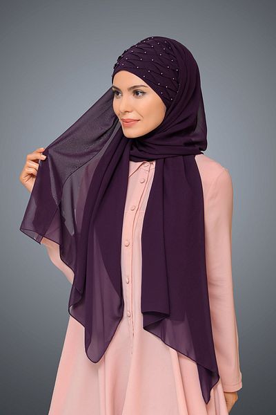 HÜRREM BONE Plum Back Tie Shawl Chiffon Pearl 1901_07