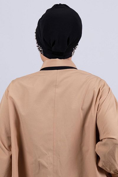 HÜRREM BONE Black Practical Ready-made Interlaced Hijab Bonnet Sandy Fabric with Stones 1456_01