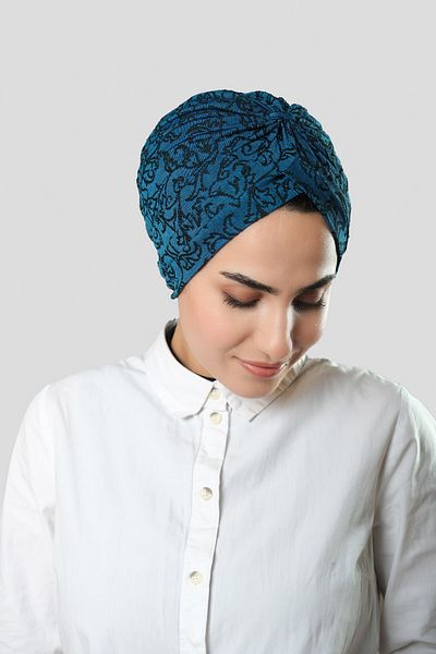 HÜRREM BONE Petrol Blue Practical Ready-to-Wear Hijab Bonnet Jacquard με αυτοσχεδιασμό 1209_17