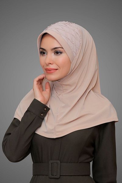 HÜRREM BONE Μπεζ Πρακτικό έτοιμο στο χέρι μαντήλι Hijab Άμμο ύφασμα κεντημένο με πέρλες και πέτρες 1605_12