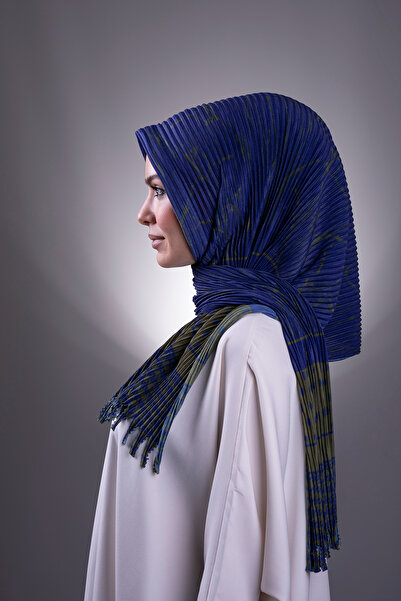 HÜRREM BONE Синьо-хакі Практичний готовий палантин з прорізом, з коротким волокном, плісирований, з візерунком 1818d5_209