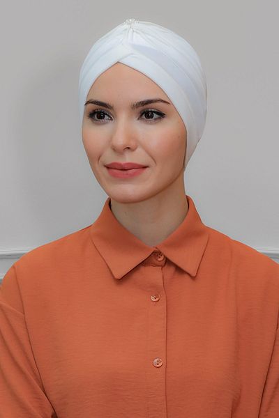 HÜRREM BONE Λευκό Πρακτικό έτοιμο κουμπωτό χιτζάμπ καπό αμμώδες ύφασμα με κορδόνι 1208_42