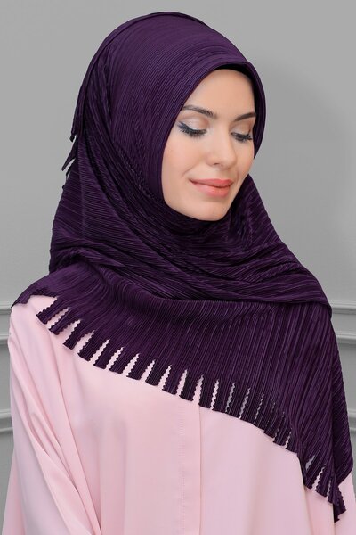 HÜRREM BONE وشاح حجاب متشابك عملي وجاهز باللون البرقوقي فوكورو مطوي ومهدب مقطوع بالليزر 1828_07