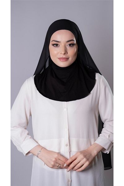 HÜRREM BONE Black Practical Ready Interlocking Shawl Chiffon Fabric Hijab Bonnet 3009_01