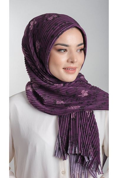 HÜRREM BONE Plum Practical Ready-Made Hijab Κασκόλ με κομμένες ίνες Πλισέ με λουλουδάτο μοτίβο 1818d6_07
