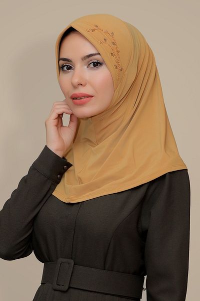 HÜRREM BONE Χρυσό Πρακτικό Έτοιμο Κασκόλ Hijab Άμμο Ύφασμα Χειροποίητο Λουλούδι Κεντημένο Τουλίπα 1603_03
