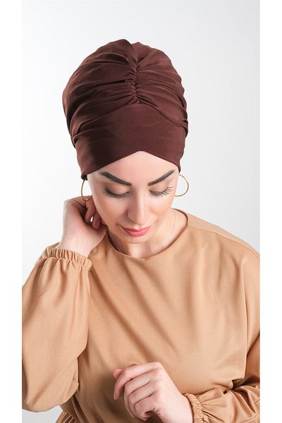 HÜRREM BONE Καφέ Πρακτικό έτοιμο κουμπωτό Hijab Bonnet Sandy Fabric Gathered 2114_14