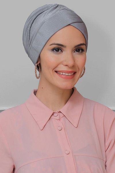 HÜRREM BONE Γκρι Πρακτικό έτοιμο κουμπωτό Hijab Bonnet Fukuro Πλισέ σταυρό κορδόνι 1822_15