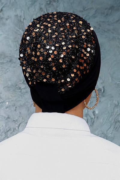 HÜRREM BONE Black-gold Practical Ready-made Interlaced Hijab Bonnet Sandy Fabric Sequined Gathered 1906_102