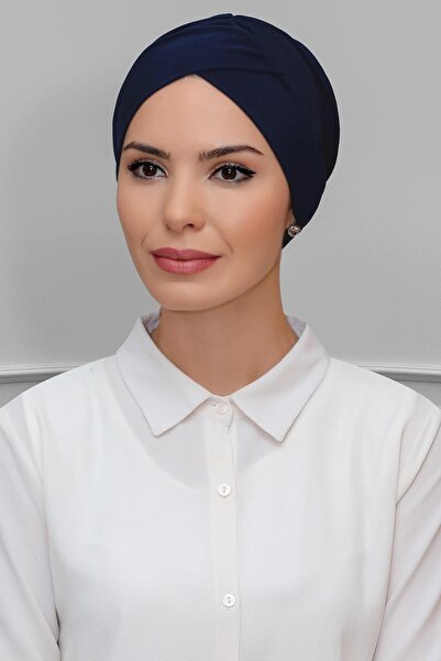 HÜRREM BONE Lacivert Pratik Hazır Geçmeli Tesettür Bone Sandy Kumaş Çapraz Büzgülü 1801_02