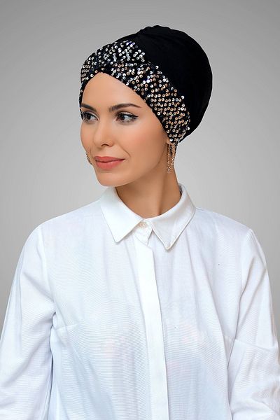 HÜRREM BONE Black-silver Practical Ready-made Hijab Bonnet Sandy Fabric Sequined Single Cross 1907_101