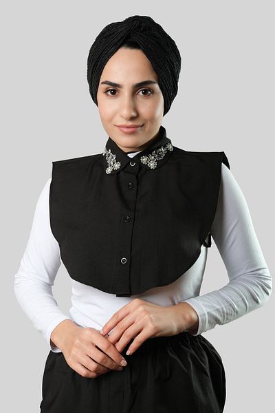 HÜRREM BONE Guler de cămașă neagră Guler de gât Terikoton cu model de flori cu stras 1016_01