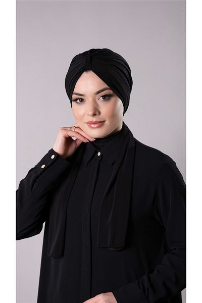 HÜRREM BONE Black Practical Ready-made Interlocking Hijab Bonnet with Sandy Fabric Scarf 2204_01