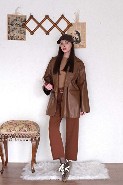 Ceylan Otantik Brown Leather Jacket & Brown Crepe Pipe Leg Pants