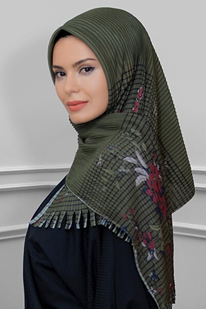 HÜRREM BONE Haki Pratik Hazır Geçmeli Tesettür Eşarp Kesik Elyaf Piliseli Çiç...