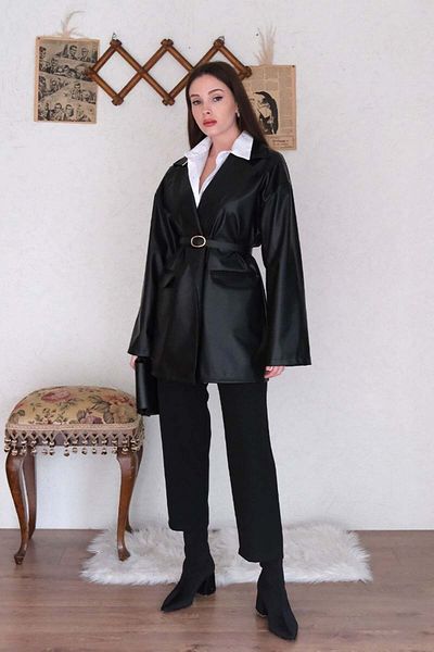 Ceylan Otantik Black Leather Jacket & Black Crepe Pipe Leg Pants