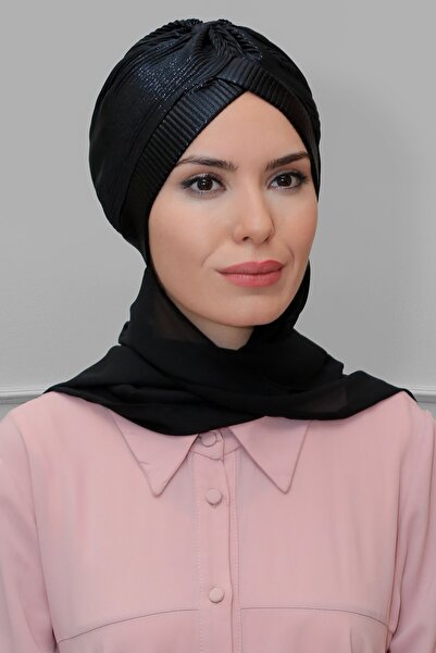 HÜRREMBONE SARAYDAN GELEN GÜZELLİK حجاب أسود عملي جاهز للارتداء مع وشاح شيفون...