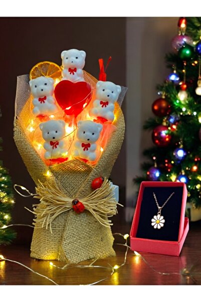 MEGA KANYON Led Işıklı Beyaz Tatlı Ayıcıklar Buket Aranjmanı & Papatya Kolye