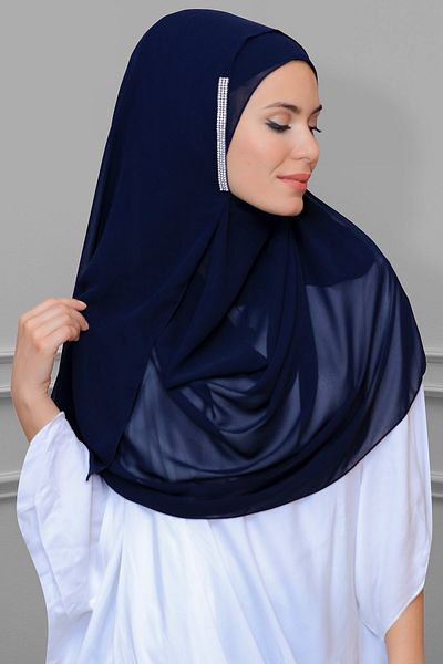 HÜRREM BONE Navy Blue Practical Ready-Made Μαλαισιανό σάλι σιφόν με πέτρες 1850_02