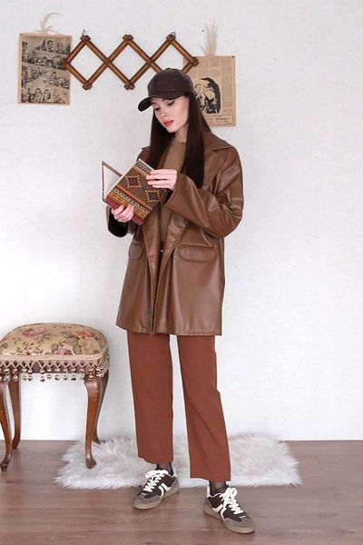 Ceylan Otantik Brown Leather Jacket & Brown Crepe Pipe Leg Pants
