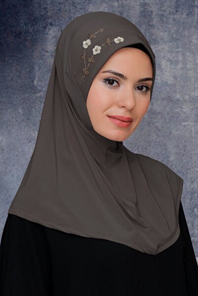 HÜRREM BONE Eșarfă Hijab bej-gri, practică gata făcută, țesătură nisipoasă, paiete brodate cu flori lucrate manual 1604_10