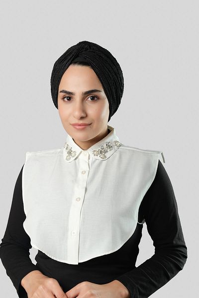 HÜRREM BONE Cream Shirt Collar Neck Collar Terikoton Rhinestoned Flower Pattern 1016_40