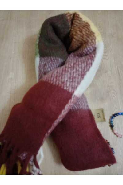 ENEFENDİ Color Checkered Puffy Shoulder Shawl - Burgundygreenyellow, Soft, Double-Sided, Winter, Warm 45X185