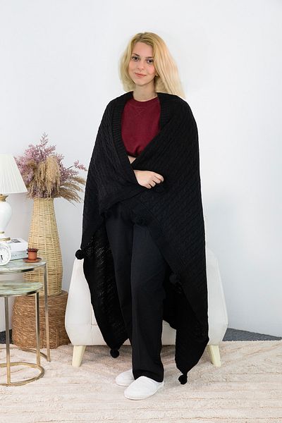 FAVORA Biocotton Knitwear Pompom Knitted TV Blanket - Black