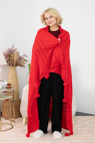 FAVORA Pătură TV tricotată cu pompon din tricotaje Biocotton - roșu