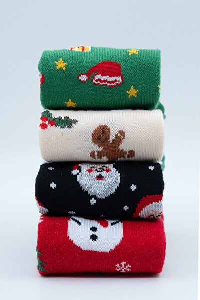 STOCALZE Унисекс комплект от 4 чифта памучни чорапи с различни мотиви и цветове, с коледна и новогодишна тематика, в кутия.