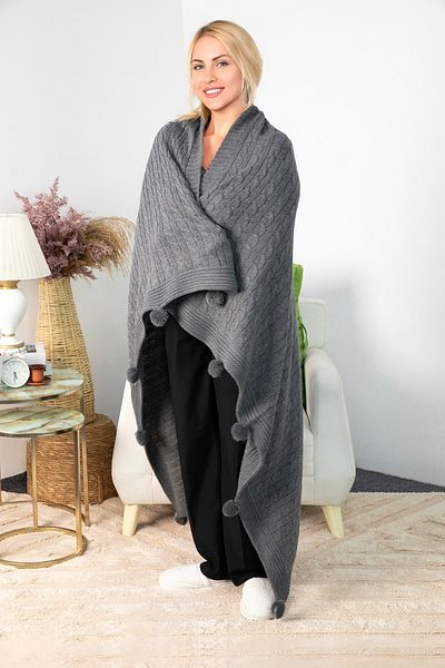 FAVORA بطانية تلفزيون محبوكة من Biocotton مع بوم بوم - أنثراسايت