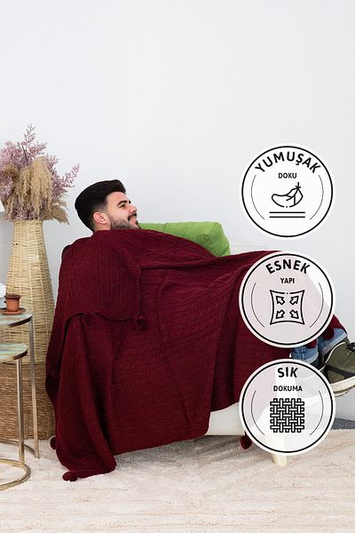FAVORA Biocotton Knitwear Pompom Knitted TV Blanket - Claret Red