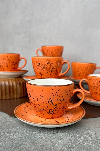 porselenden Luna2 Reaktif-44 Turuncu Porselen 6 Kişilik 12 Parça 210 CC Çay N...