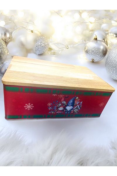Yenigeldi 1 Piece Metal Christmas Ornament Wooden Bread Box with Cutting Board, Measures 30*20*11 cm Multi-Purpose Box
