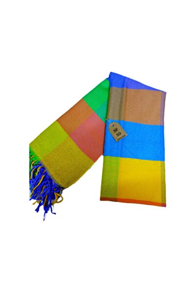 ENEFENDİ Patterned, Colorful, Soft, Winter, Warm Yellow Blue Shoulder Shawl S...