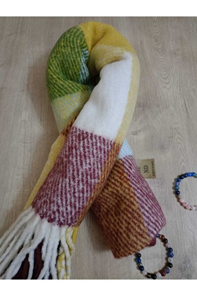 ENEFENDİ Πολύχρωμο καρό πλεκτό σάλι ώμου - Βουργουνδία Πράσινο Κίτρινο, Μαλακό, Διπλής όψης, Χειμερινό, Ζεστό 45x185