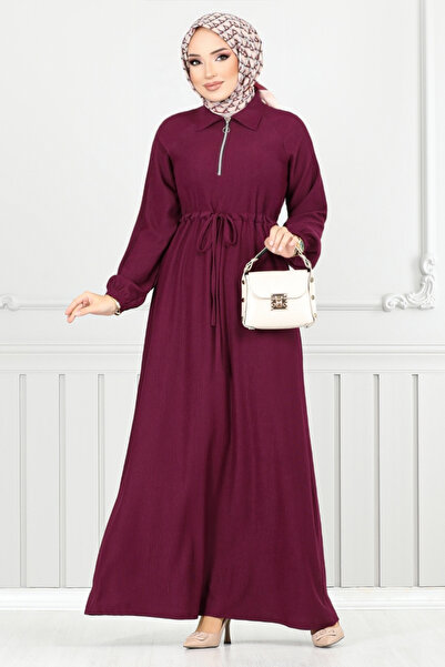ModaMerve Karin Dress with Half Zipper 2523Hbs932-M Burgundy